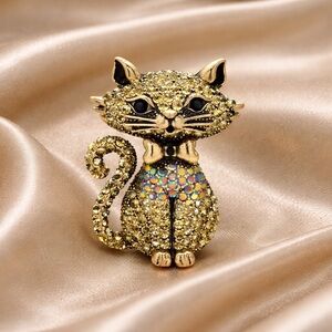 Gold Cat Crystal Brooch